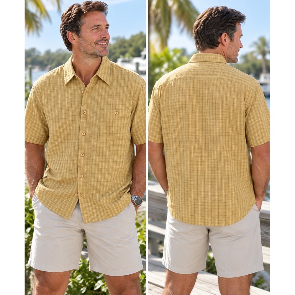 Marquis Button Up Shirt Mens Medium Yellow New Grid Short Sleeve Casual Top